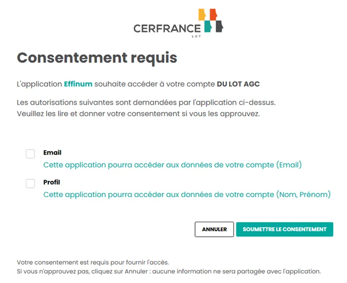 Écran de consentement : cases « Email » et « Profil » à cocher