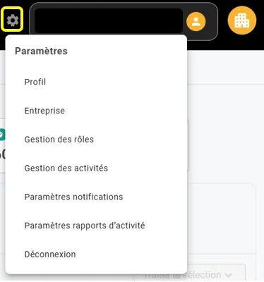 Menu de paramétrage, ouvert par la roue crantée en haut à droite