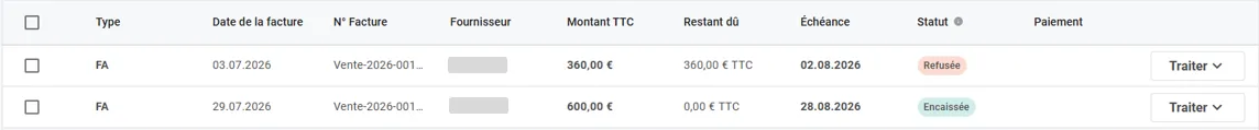 Liste des factures fournisseurs
